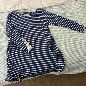 2X PinkBlush Maternity Blue and White Striped Dress w/ Lace Detailed Sleeves